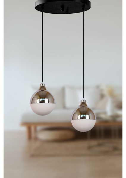 Rima Modern Retro Rustik Krom Opal Beyaz Camlı Sarkıt Salon - Mutfak - Yatak Odası 2 Li Avize