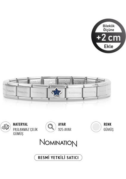 Italy Composable 925 Ayar Gümüş Zirkon Lacivert Taşlı Yıldız ve Çelik Bileklik Silver