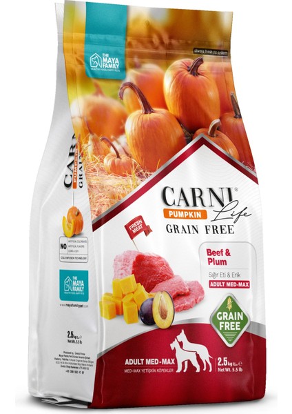 Carni Life Pumpkin Grain Free Sığır & Erik Medium Maxi Adult Tahılsız Yetişkin Köpek Maması 12KG