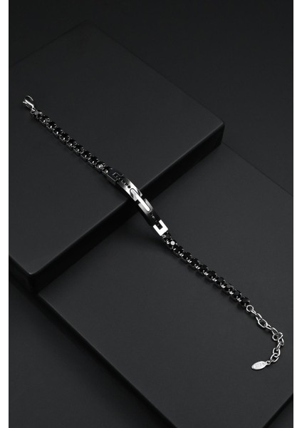 316L Çelik Italyan Model Zirkon Taşlı Siyah-Gümüş Renk Erkek Bileklik FRJ12302-3302-AB2