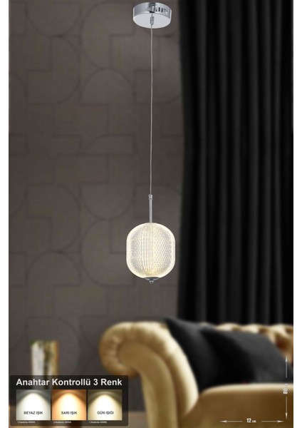 Torino Tekli Ledli Modern Lüks Sarkıt Avize (3 Renk LED Sarı - Beyaz - Gün Işığı) - Krom