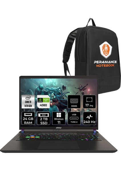 Msı Vector 17 Hx Intel Core I9 14900HX 24GB 2tb SSD RTX4080/12GB 175W 17" Qhd+ 240Hz W11H Taşınabilir Bilgisayar & Per4 Çanta A14VHG838XTRP354