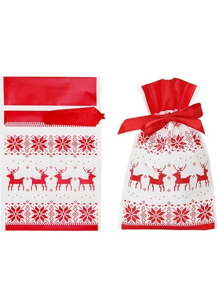 Yılbaşı Ambalajı Geyik Desenli Plastik Paketleme Torbası Beyaz 15x23 Cm 50'Li