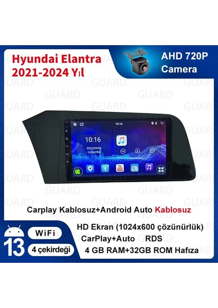 Hyundai Elantra 2021-2024 Android Kablosuz Carplay Navigasyon Multimedya 9 Inch Ekran 4G Ram + 32GB Hafıza Çerçeveli ve arka görüş kameralı