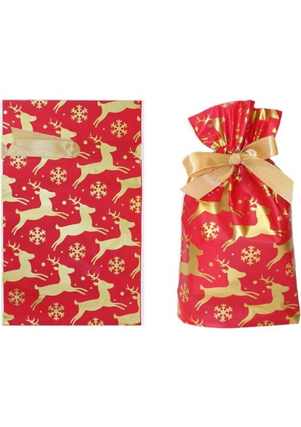 Yılbaşı Ambalajı Geyik Desenli Plastik Paketleme Torbası Kırmızı 15x23 Cm 50'Li