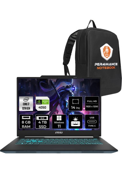 Msı Cyborg 14 Intel Core I7 13620H 8gb 4tb SSD RTX4050/6GB 14" Fhd+ 144Hz W11H Taşınabilir Bilgisayar & Per4 Çanta A13VE054XTRP345