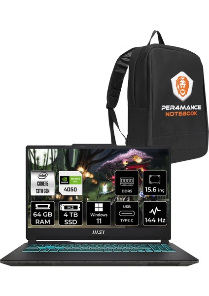 Msı Cyborg 15 Intel Core I5 13420H 64GB 4tb SSD RTX4050/6GB 15.6" Fhd 144Hz W11H Taşınabilir Bilgisayar & Per4 Çanta A13VE1478XTRP375