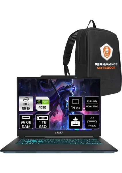 Msı Cyborg 14 Intel Core I7 13620H 96GB 1tb SSD RTX4050/6GB 14" Fhd+ 144Hz Fdos Taşınabilir Bilgisayar & Per4 Çanta A13VE054XTRP338