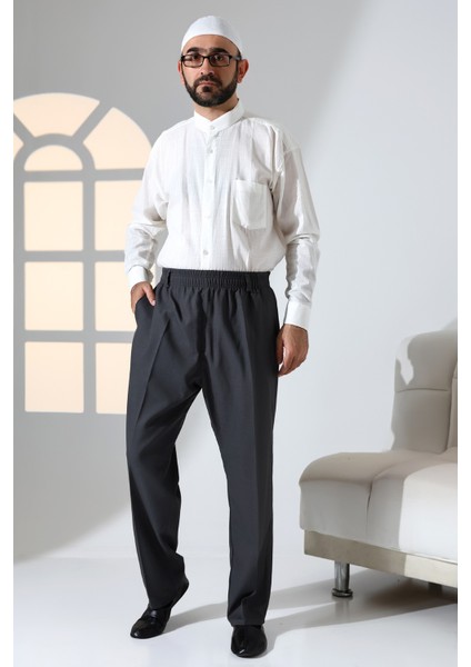 Erkek Rahat Kesim Beli Lastikli Cepli Hac ve Umre Kumaş Şalvar Pantolon - Füme (Isr) modelleri
