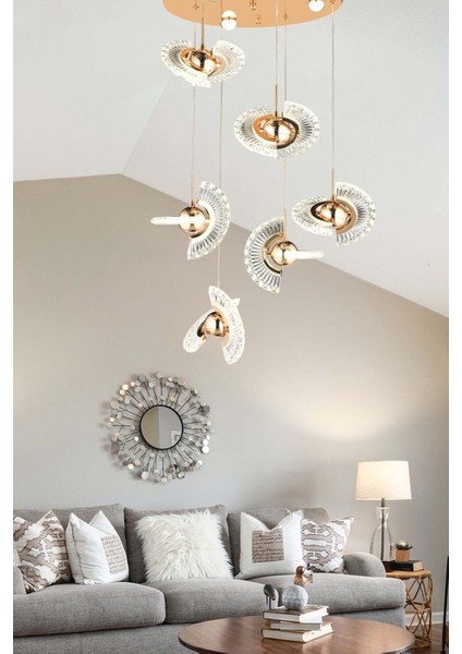 Lu x ury Modern Crystal Sarkıt LED Avize Altılı Gold Sarı