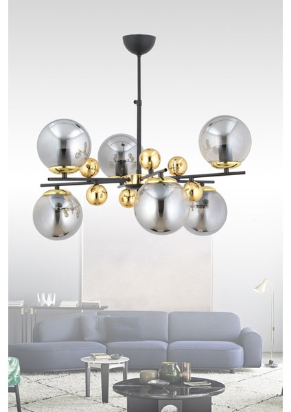 Melisa 6 Lı Modern (Siyah Gold) Füme Glop Camlı Salon Yatak Odası Mutfak Genç Odası Avize