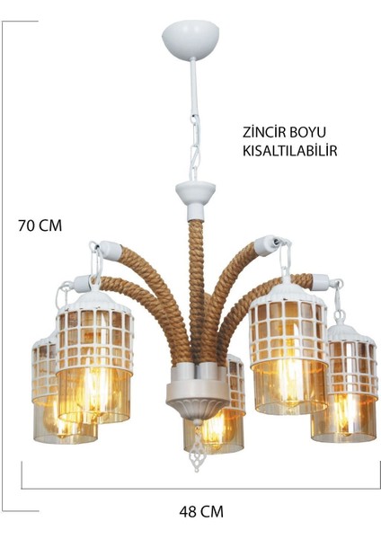 Defne 5 Li Rustik Halatlı Beyaz Kollu Avize