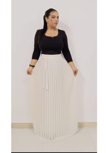 Büyük Beden Tesettüre Uygun Piliseli Astarlı Beli Kuşaklı Lastikli Şifon Uzun Akordion Etek fiyatları