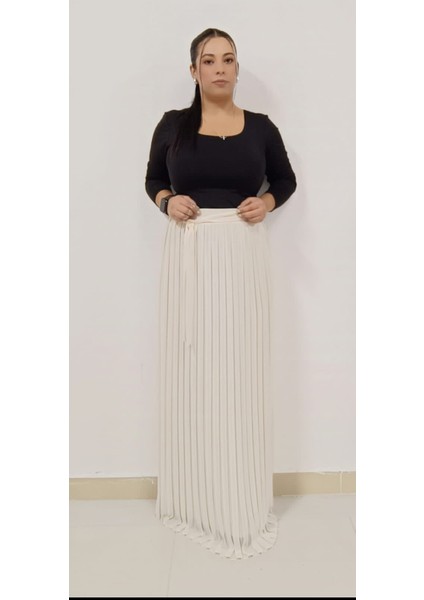 Büyük Beden Tesettüre Uygun Piliseli Astarlı Beli Kuşaklı Lastikli Şifon Uzun Akordion Etek modelleri