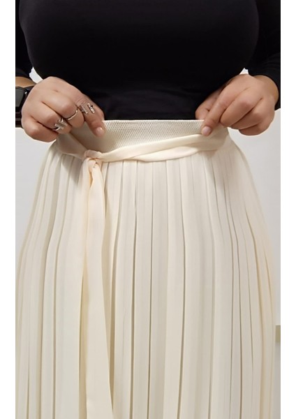 Büyük Beden Tesettüre Uygun Piliseli Astarlı Beli Kuşaklı Lastikli Şifon Uzun Akordion Etek fırsatları