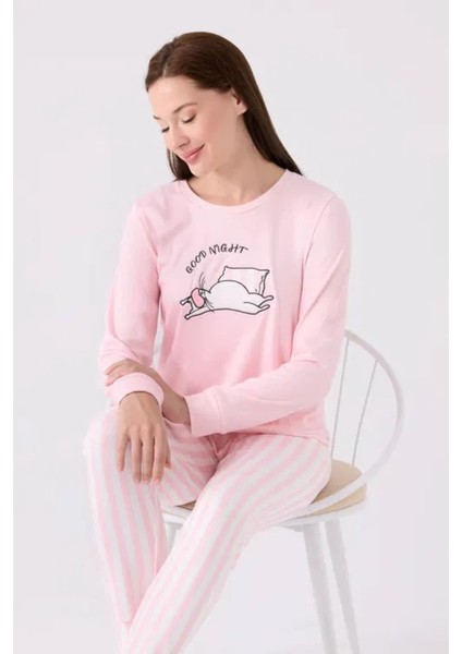 Yuvarlak Yaka Kedi Baskılı Pembe Uzun Kol Pijama Takımı