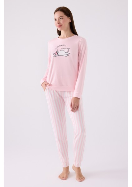 Yuvarlak Yaka Kedi Baskılı Pembe Uzun Kol Pijama Takımı