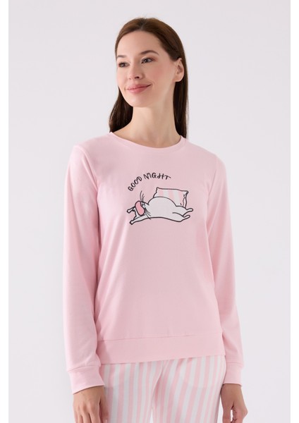 Yuvarlak Yaka Kedi Baskılı Pembe Uzun Kol Pijama Takımı