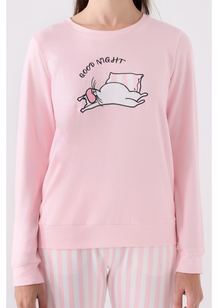 Yuvarlak Yaka Kedi Baskılı Pembe Uzun Kol Pijama Takımı