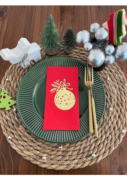 Gold Yaldızlı Kırmızı Çam Ağacı Süsü Peçete 16 Lı