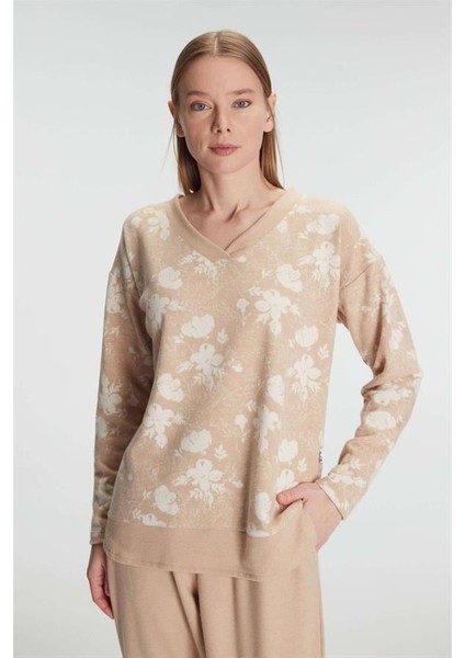 Jakarlı Uzun Kol V Yaka Pijama Takımı