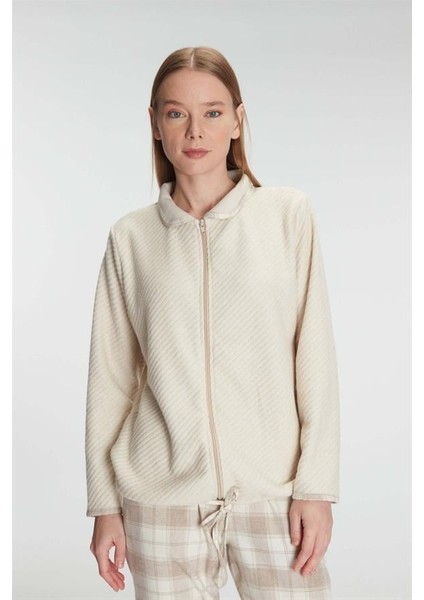 Fermuarlı Uzun Kol Sweatshirt Pantolon Takım Viskon ve Pamuklu Pijama Takımı fırsatları