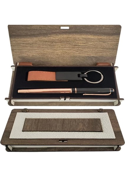 Ahşap Kutulu Set Bakır Roller Kalem ve Anahtarlık