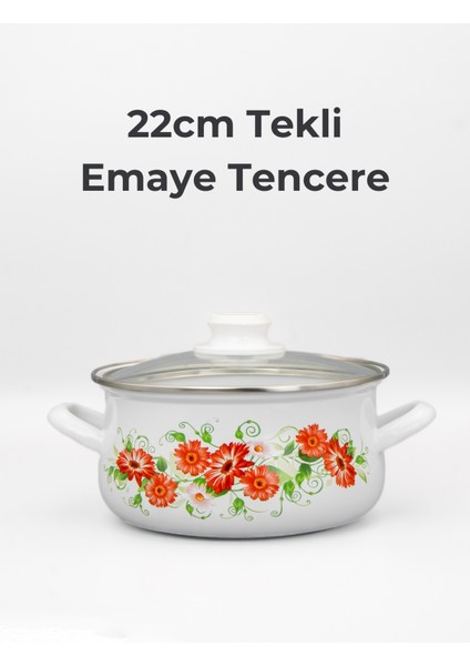 22cm Çiçek Desenli Tekli Cam Kapaklı Emaye Güveç Tencere