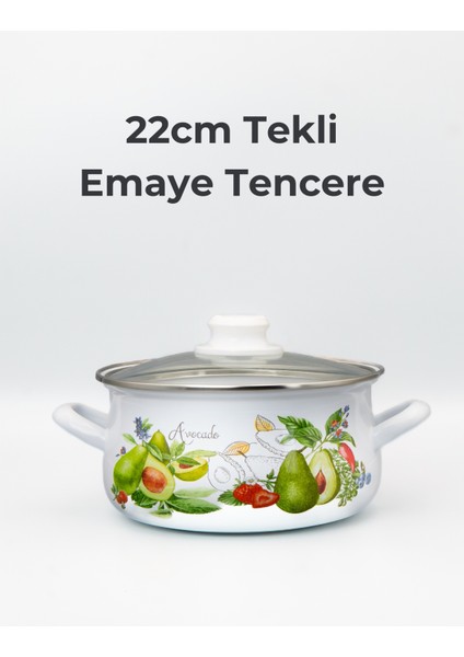 22cm Avokado Desenli Tekli Cam Kapaklı Emaye Güveç Tencere