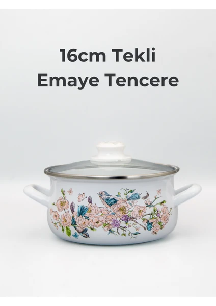 16cm Kuş Desenli Tekli Cam Kapaklı Emaye Güveç Tencere