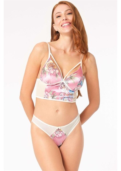 Kadın Kadife Balensiz Desteksiz Dolgusuz Yaka Detaylı Çiçek Baskılı Bralet Sütyen ve Slip Takım (4222)