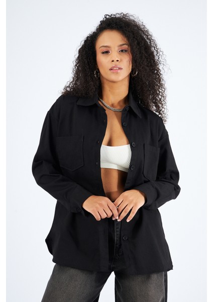 Kadın Cepli Oversize Gabardin Gömlek Ceket