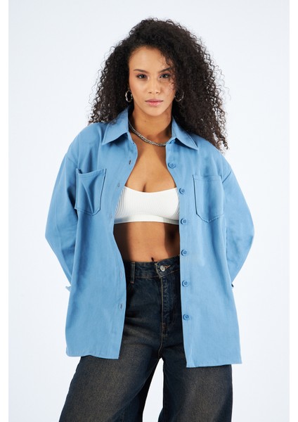 Kadın Cepli Oversize Gabardin Gömlek Ceket