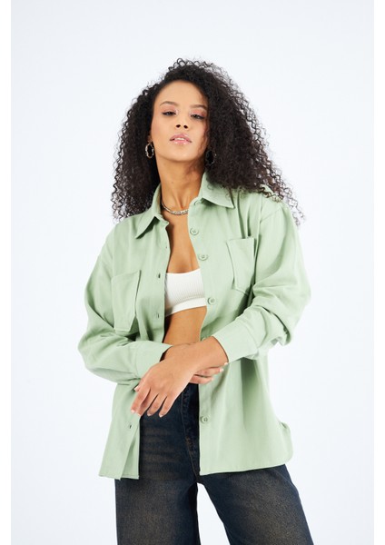 Kadın Cepli Oversize Gabardin Gömlek Ceket
