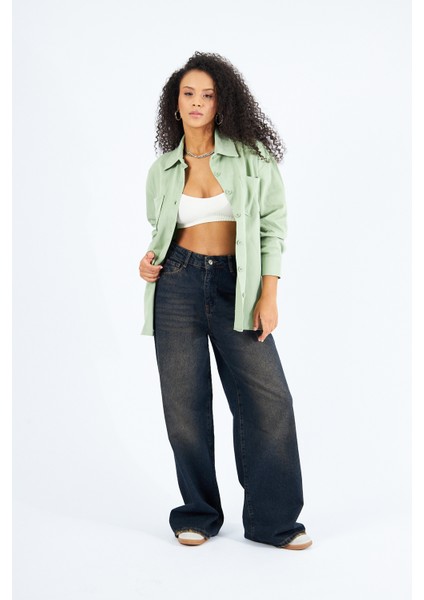 Kadın Cepli Oversize Gabardin Gömlek Ceket