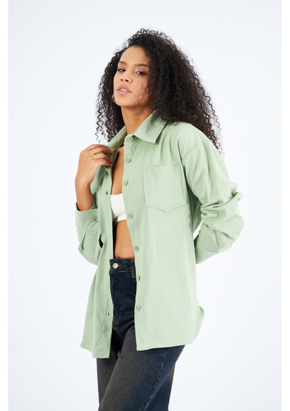 Kadın Cepli Oversize Gabardin Gömlek Ceket