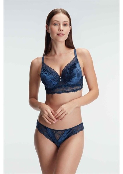 Kadife Balenli Destekli Dolgulu Dantelli Büstiyer Sütyen ve Slip Takım