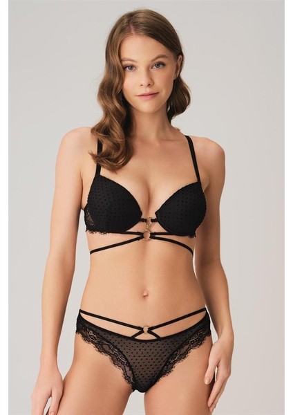 Kadın Balenli Destekli Dolgulu Göbek Detaylı Puantiyeli Dantelli Sütyen ve Slip Takım (4828)