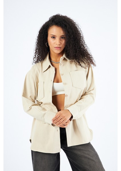 Kadın Cepli Oversize Gabardin Gömlek Ceket