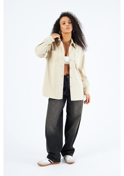 Kadın Cepli Oversize Gabardin Gömlek Ceket