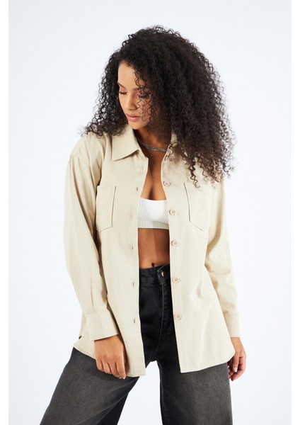 Kadın Cepli Oversize Gabardin Gömlek Ceket