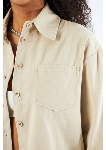 Kadın Cepli Oversize Gabardin Gömlek Ceket