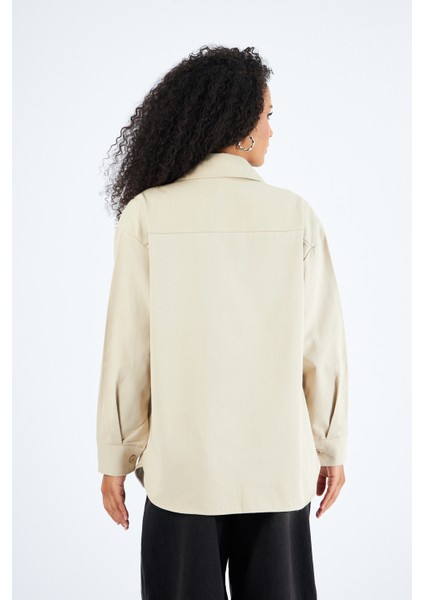 Kadın Cepli Oversize Gabardin Gömlek Ceket