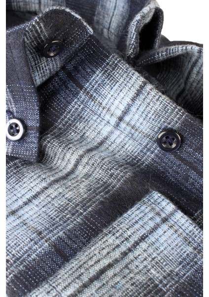 Erkek Lacivert Yünlü Kışlık Geniş Kesim Kareli Cepli Gömlek modelleri