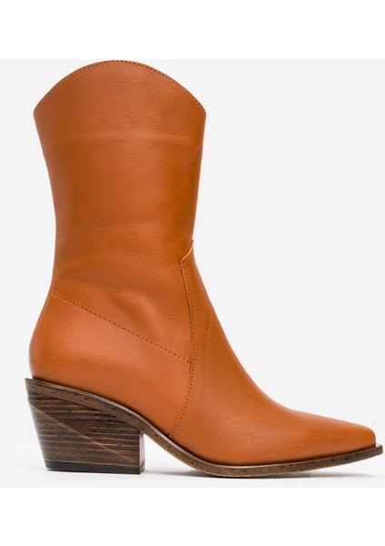 Kadın Topuklu Yandan Fermuarlı Bot Deri Dc 1564 Taba