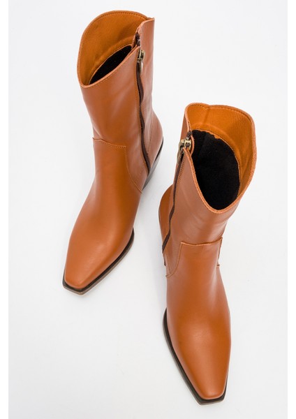 Kadın Topuklu Yandan Fermuarlı Bot Deri Dc 1564 Taba indirimleri
