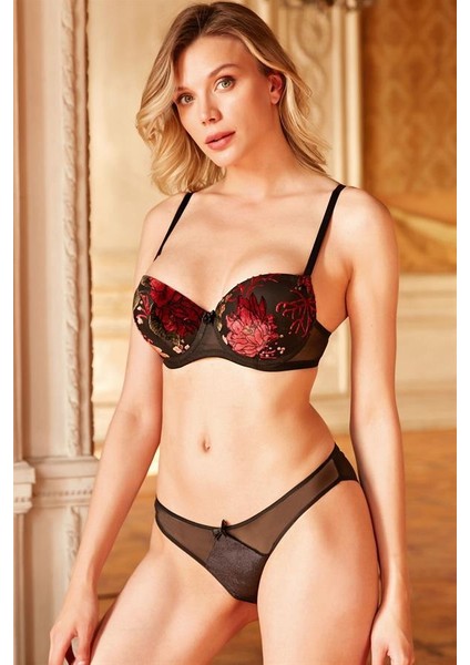 Tül Balenli Destekli Dolgulu Çiçek Baskılı Sütyen ve Slip Takım