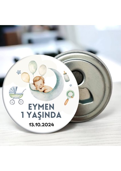 Ayda Uyuyan Çocuk Temalı Doğum Günü Hediyeliği 58 mm Buzdolabına Yapışabilen Açacak Magnet