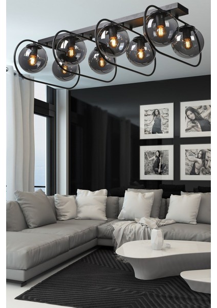 Sühan 8.li Sıralı Siyah-Füme Glop Camlı Avize