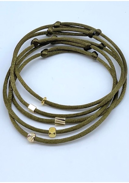 5’li Hediyelik Gold Objeli Minimal Haki Ipek Floş Ip Bileklik Seti